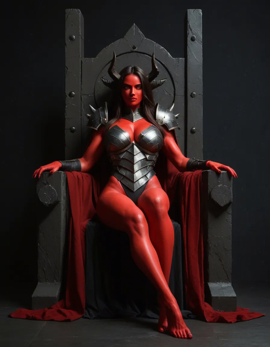 Create an anime image of a female demon, red skin, black armor, brunette pony tail and red eyes. Sitting on throne, big chest