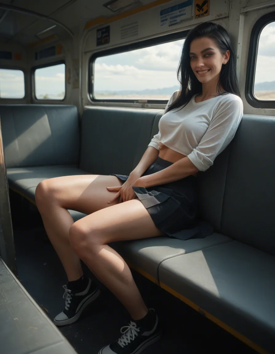 futanari, Slim woman long black hair, smaĺl heart shaped face,big blue eyes, smile head tilted. Sitting at back of bus, skirt lifted, masturbating, fingering, full full_body, score_9, score_8, candid photo, realistic skin texture, visible skin pores, film grain, depth of field