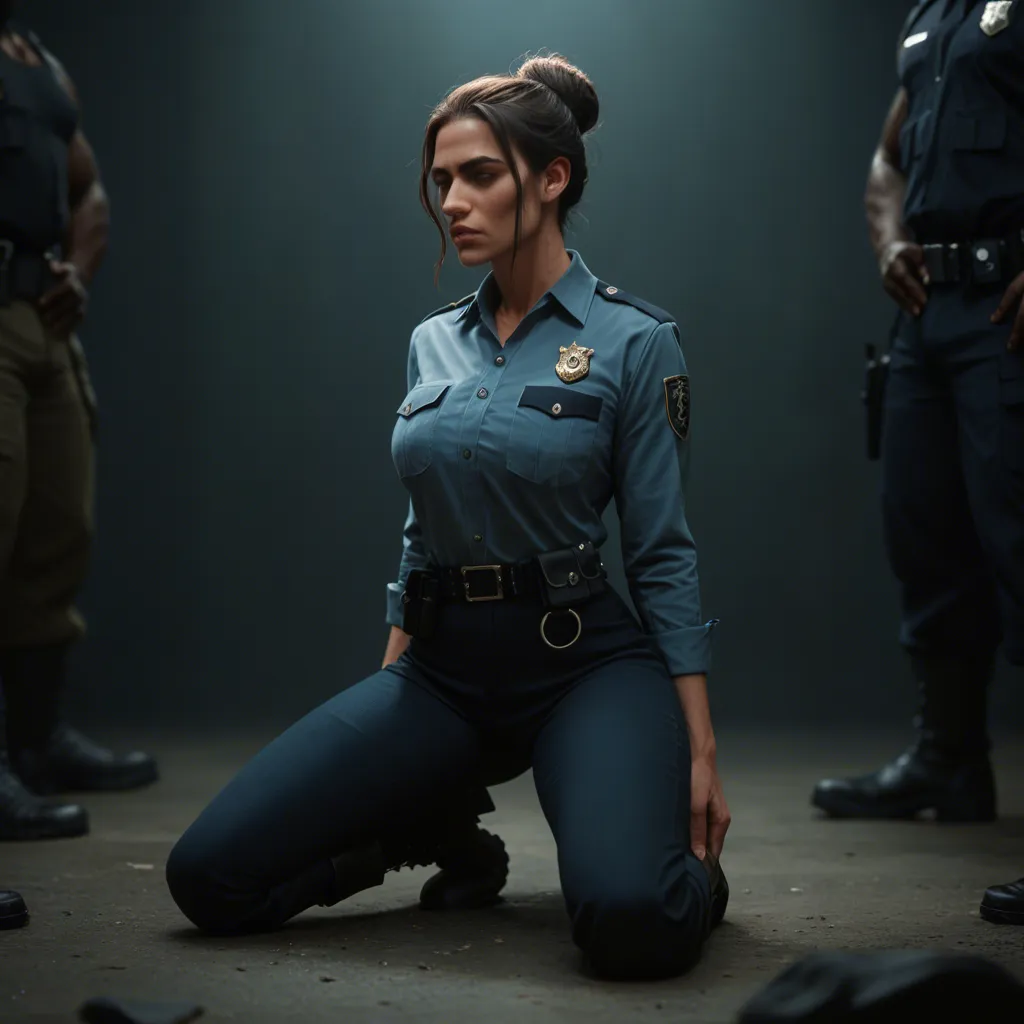 A toned brunette mature_female, hair in bun, wearing a police uniform, dark uniform pants, and black work boots, kneeling, giving an interracial deepthroat blowjob to another police officer with a large penis. Outside, in front of police car. Backlit, photorealistic, sharp focus.