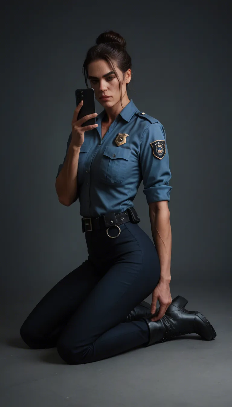 A toned brunette mature_female, hair in bun, wearing a police uniform, dark uniform pants, and black work boots, kneeling, giving an interracial deepthroat blowjob to another police officer with a large penis. Outside, in front of police car. Backlit, photorealistic, sharp focus.