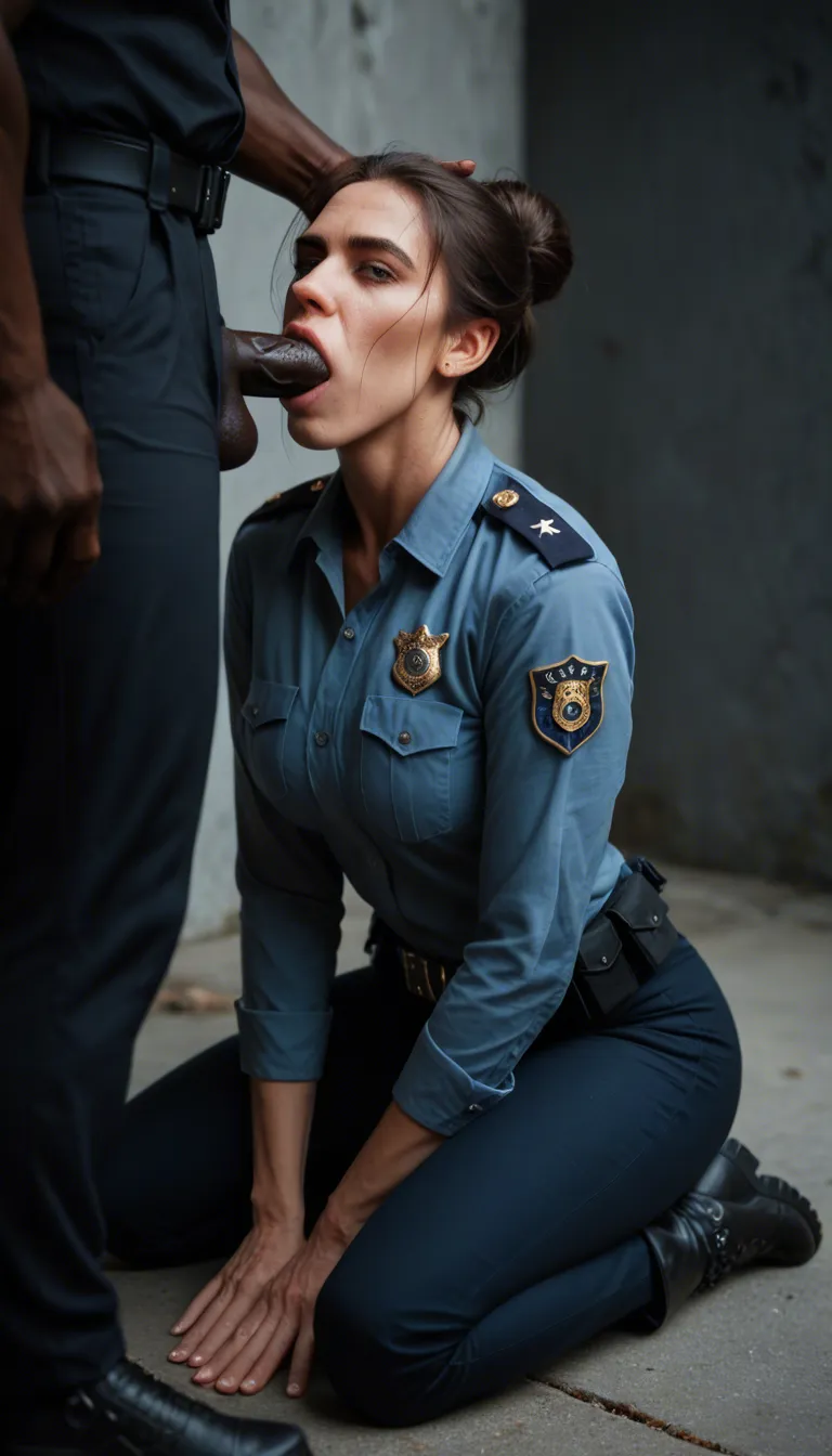 Interracial deepthroat blowjob. A toned brunette mature_female, hair in bun, wearing a police uniform, dark uniform pants, and black work boots, kneeling, giving an interracial deepthroat blowjob to another police officer with a large penis. Outside, in front of police car. Backlit, photorealistic, sharp focus.