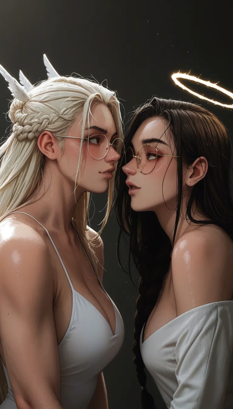 (Melkor mancin meets gavatino style), (two Austrian-Korean and Japanese women with perfect pretty faces), beautiful white blonde updo angel with halo, yellow eyes, and round framed glasses, angel has halo and white feathery wings, brunette braided haired hot succubus with red eyes and heart tattoo, succubus has demon tail and horns, detailed eyes, massive super saggy breast, big rounded ass, big puffy pussy, thick thighs, woman, null art style, beautiful face, super slutty droopy erotic, normal waist size, slightly bigger thighs, shiny skin with tan lines, perfect pretty face, sweat, exhalation, undressing, exposed nipples, amazing quality, (open black German military hussar coat with golden trims, cuffs and epaulets, 19th, century military hat, capelet, attila), (cybernetic arm and hand, holsters, black eye patch, ornate black mask on face, holding pistol), white long sleeve collar shirt with red tie, navy blue suit vest and skirt, wedding dress and veil, black stockings, sailor collar, epaulette, gold earrings and necklace, garter belt, volumetric lighting, depth of field, bouncing, shy expression, (intense embarrassed blushing, lesbian intimate looking at each other), ((perfect high quality face)), ((close up two women lesbians with cute tits, milk stains, raining cobblestone street:1.2)), raining jungle trees and plants, smoking a cigarette, (cum in pussy, cum on face, cum on body, cum on boobs, lactating boobs), Japanese village at night with neon lights, ratatatat74, (J_cartoon:1.3), <lora:ratatatat74-000050:.4>, <lora:LCMTurboMix_Euler_A_fix:1.1>, <lora:mk_Bp Anime_xl:1.2>, <lora:cartoon_stickers_xl_v1:.3>, <lora:hentai_anime_style_xl_v1:.8>, score_9, score_8, candid photo, realistic skin texture, visible skin pores, film grain, depth of field