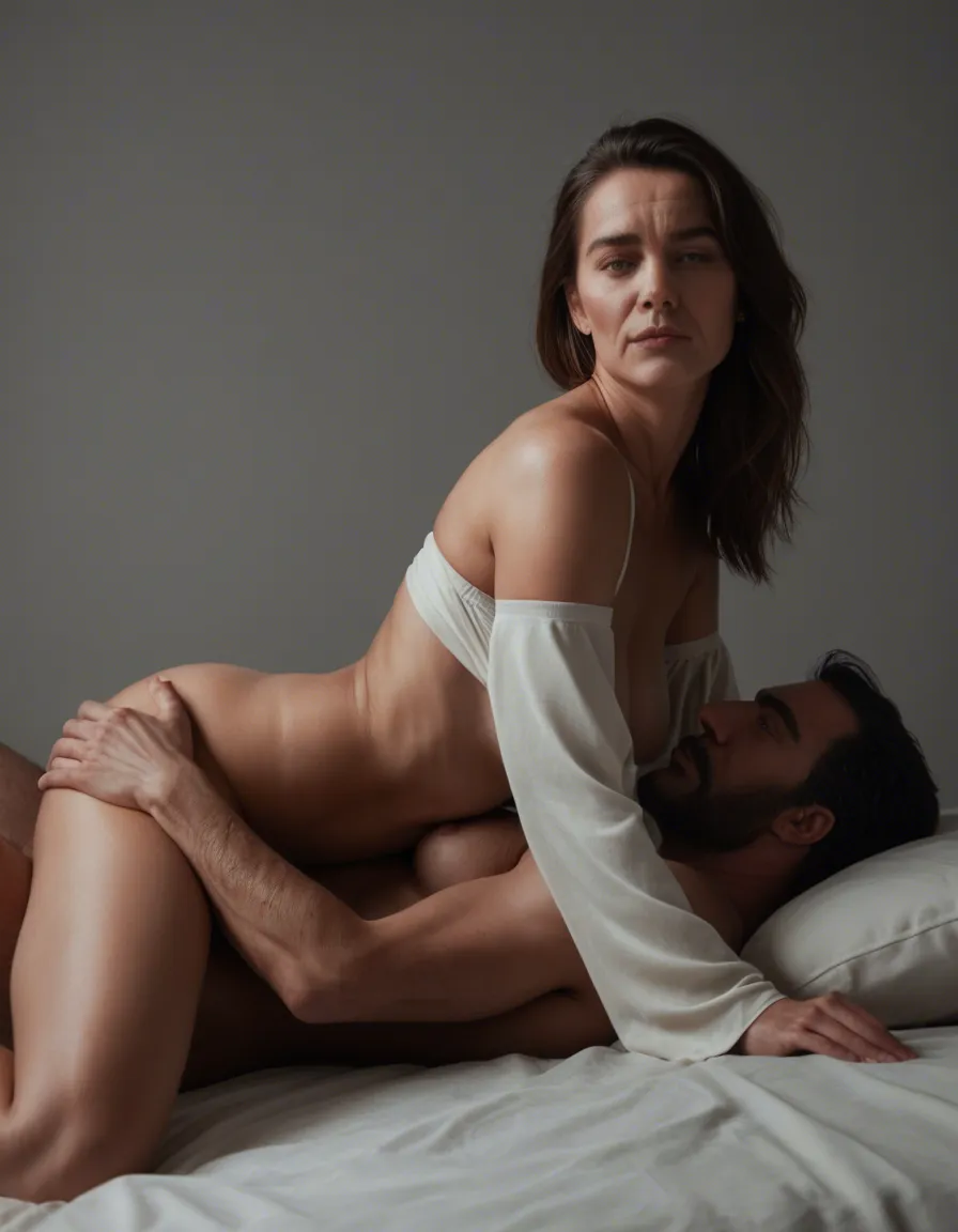 dslr, film grain, photorealistic, milf, hourglass figure, detached sleeves, 69 position, grey background, cinematic realism, score_9, score_8, candid photo, realistic skin texture, visible skin pores, film grain, depth of field