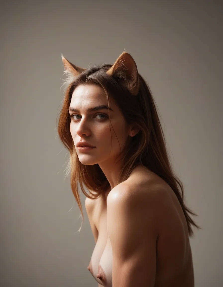 ultra HD, lifelike, catgirl, tail, futanari, volumetric light, hyperrealistic, score_9, score_8, candid photo, realistic skin texture, visible skin pores, film grain, depth of field