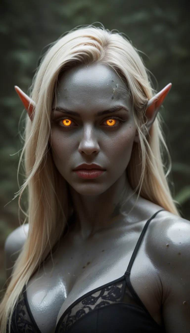 A photorealistic digital painting depicts a fantasy scene featuring a female elf with metallic charcoal-grey skin and platinum blonde hair. She has sharp pointed ears, glowing amber eyes, and a slender athletic build. Her expression is intense as she straddles a muscular male figure lying beneath her. The male has tanned skin and dark hair, his body partially obscured by shadow. Both figures are nude, with glistening skin textures emphasizing anatomical detail under dramatic chiaroscuro lighting. They are positioned on a rustic wooden bed with rumpled white sheets in a dimly lit stone-walled chamber. Warm ambient light highlights their forms against the cool grey tones of the woman's complexion, creating a moody, intimate atmosphere.