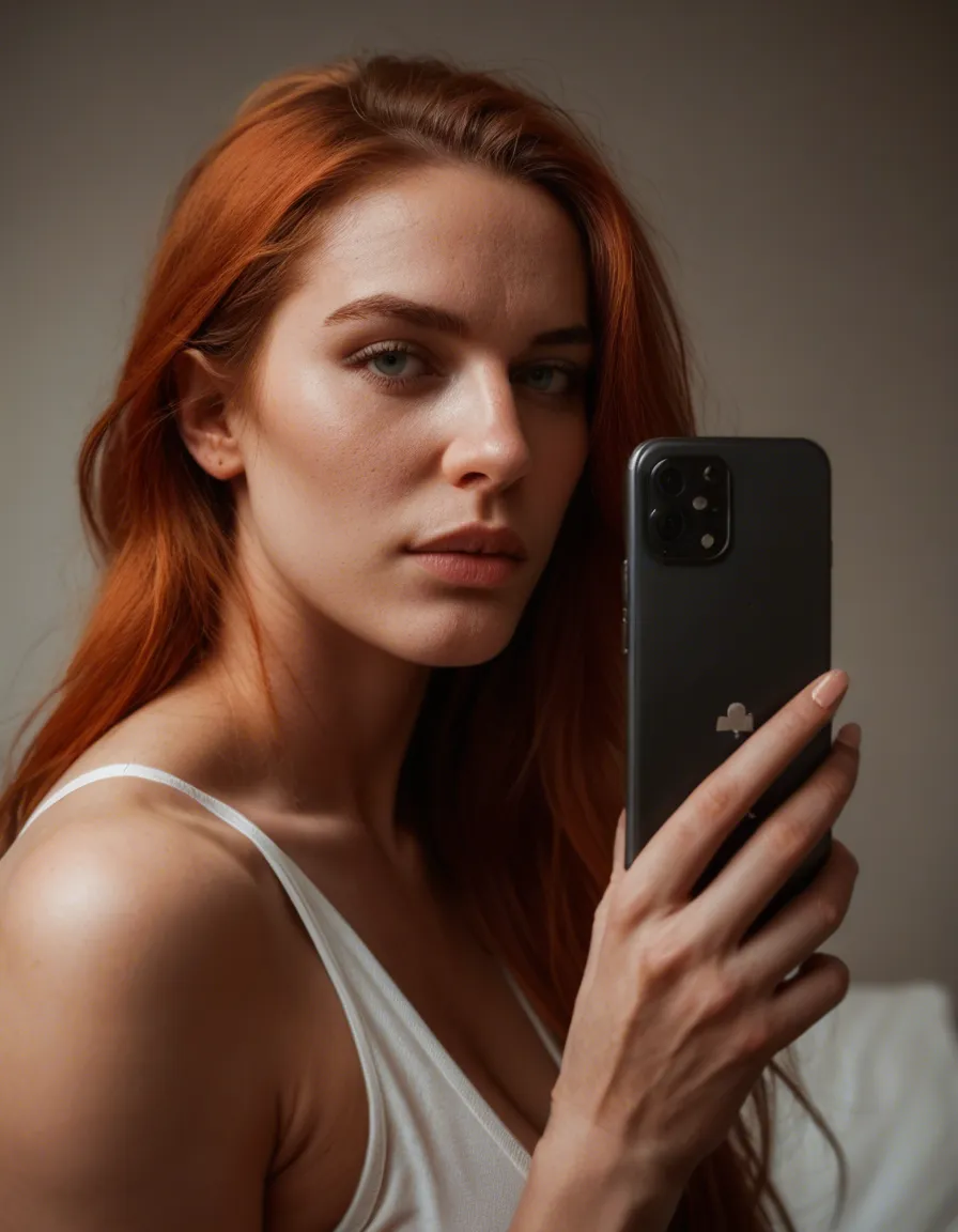 futanari, unfiltered, real life, redhead woman, fingernails, weapon, futanari, amateur photo, score_9, score_8, amateur photo, phone snapshot, realistic skin texture, skin blemishes, soft indoor lighting