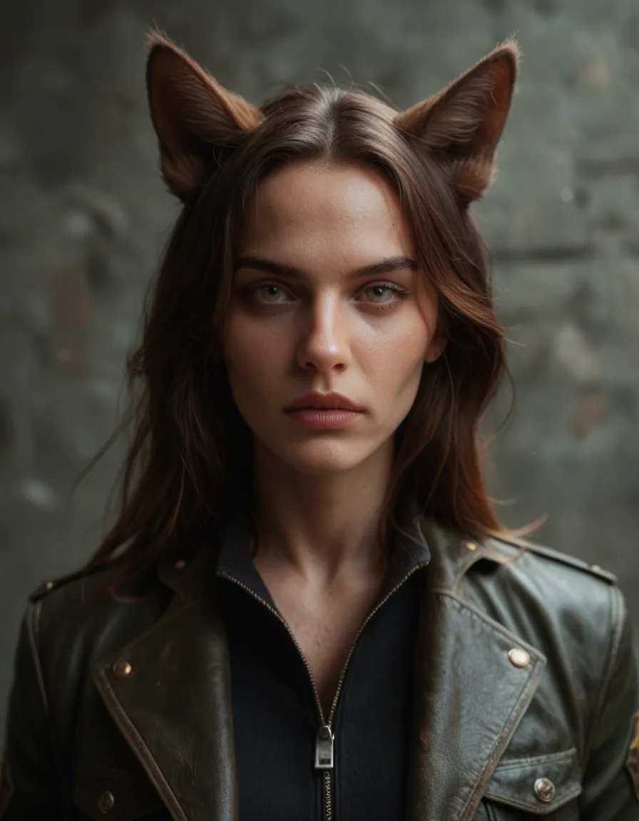 8k, sharp focus, detailed skin, princess, animal ears, jacket, bondage, depth of field, film photography, score_9, score_8, candid photo, realistic skin texture, visible skin pores, film grain, depth of field