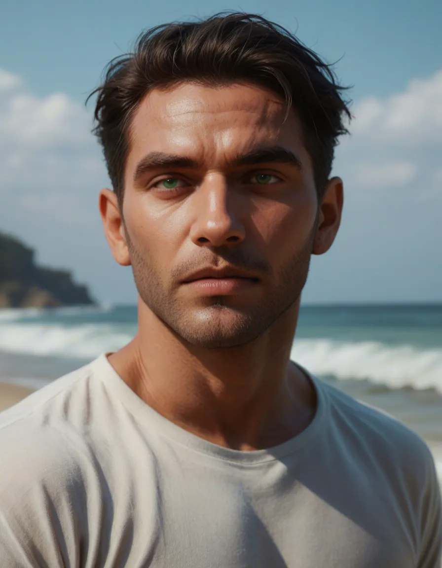 Hot hispanic men with wave dark hair and green eyes normal body stroking alone, score_9, score_8, candid photo, realistic skin texture, visible skin pores, film grain, depth of field