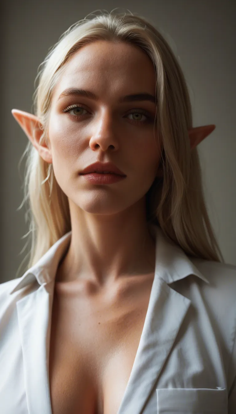 8k, sharp focus, detailed skin, elf woman, breasts, office wear, arching back, close-up, ambient glow, dslr quality