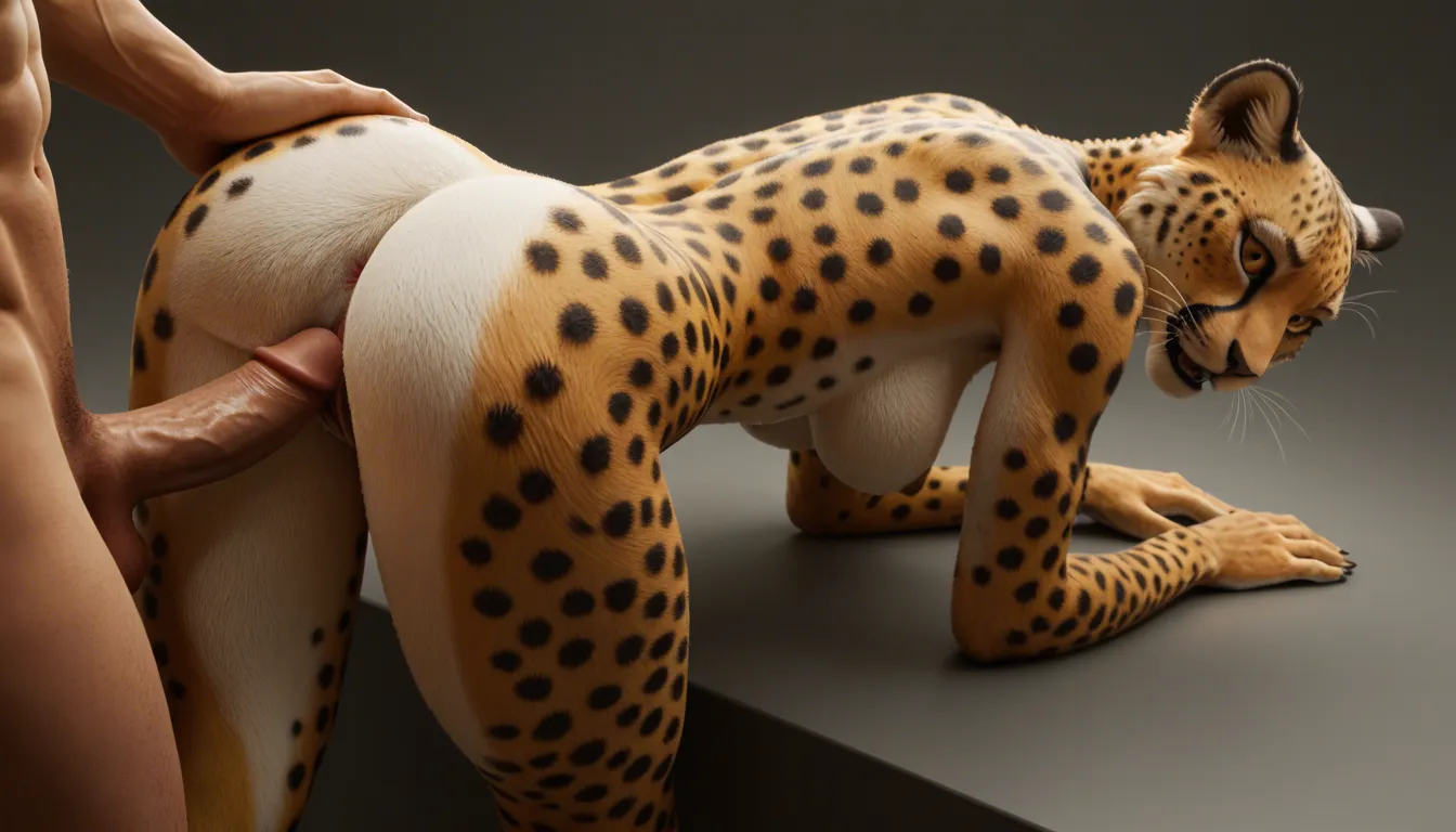 A female furry cheetah is having sex with a male human. The human thrusts his penis deep into the f cheetah's ass. The human male fucks the furry cheetah's ass hard and fast. The camera holds steady with a subtle handheld wobble, capturing the intensity of the act. furry furry_female sex_from_behind anal smirk forest tail tail_raised anus