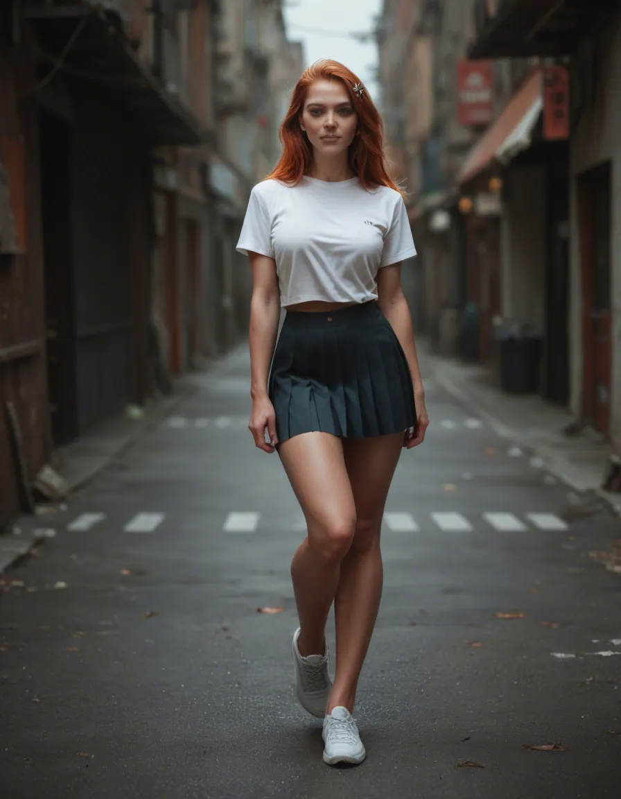 best quality, hyperrealistic, redhead woman, hair ornament, pleated skirt, leg up, score_9, score_8, candid photo, realistic skin texture, visible skin pores, film grain, depth of field