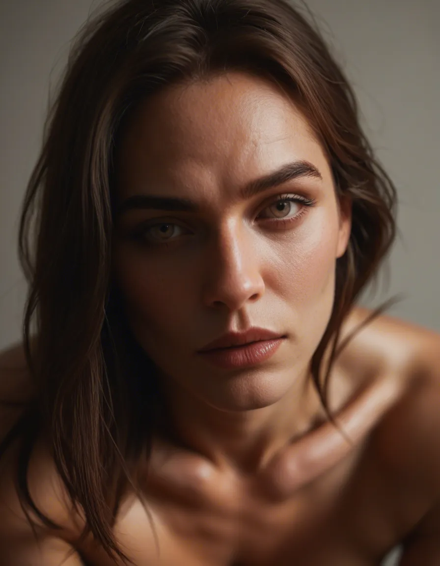 best quality, hyperrealistic, close-up, 1boy, bent over, hourglass figure, depth of field, dominant stare, dslr quality, score_9, score_8, candid photo, realistic skin texture, visible skin pores, film grain, depth of field