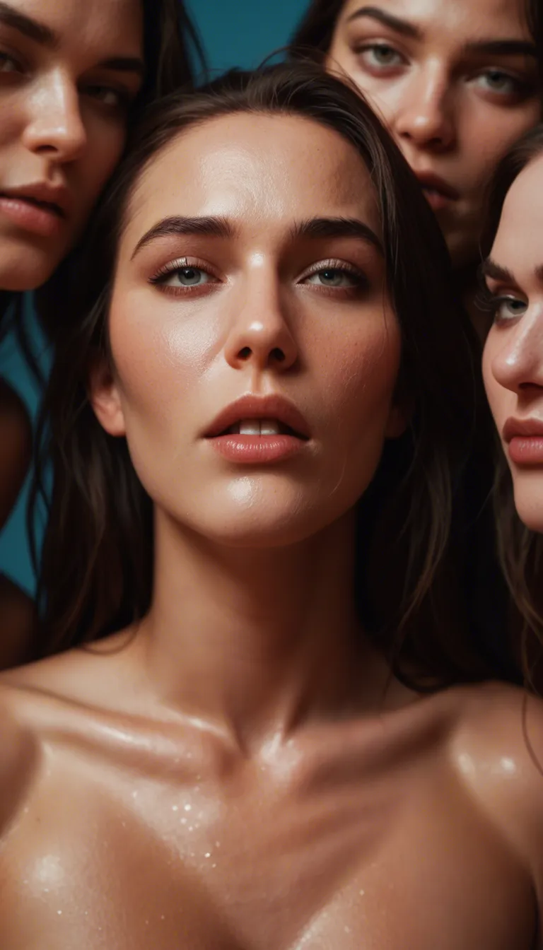 sharp focus, 8k uhd, cowboy shot, 6+girls, orgasm, shiny skin, blue background, film photography