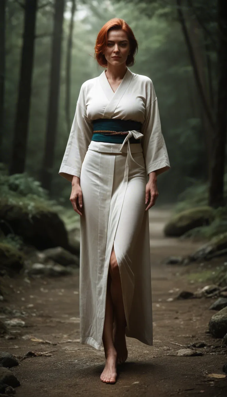 RAW photo, ultra realistic, milf redhead, japanese clothes, pussy tease, blurry background, full body, film photography