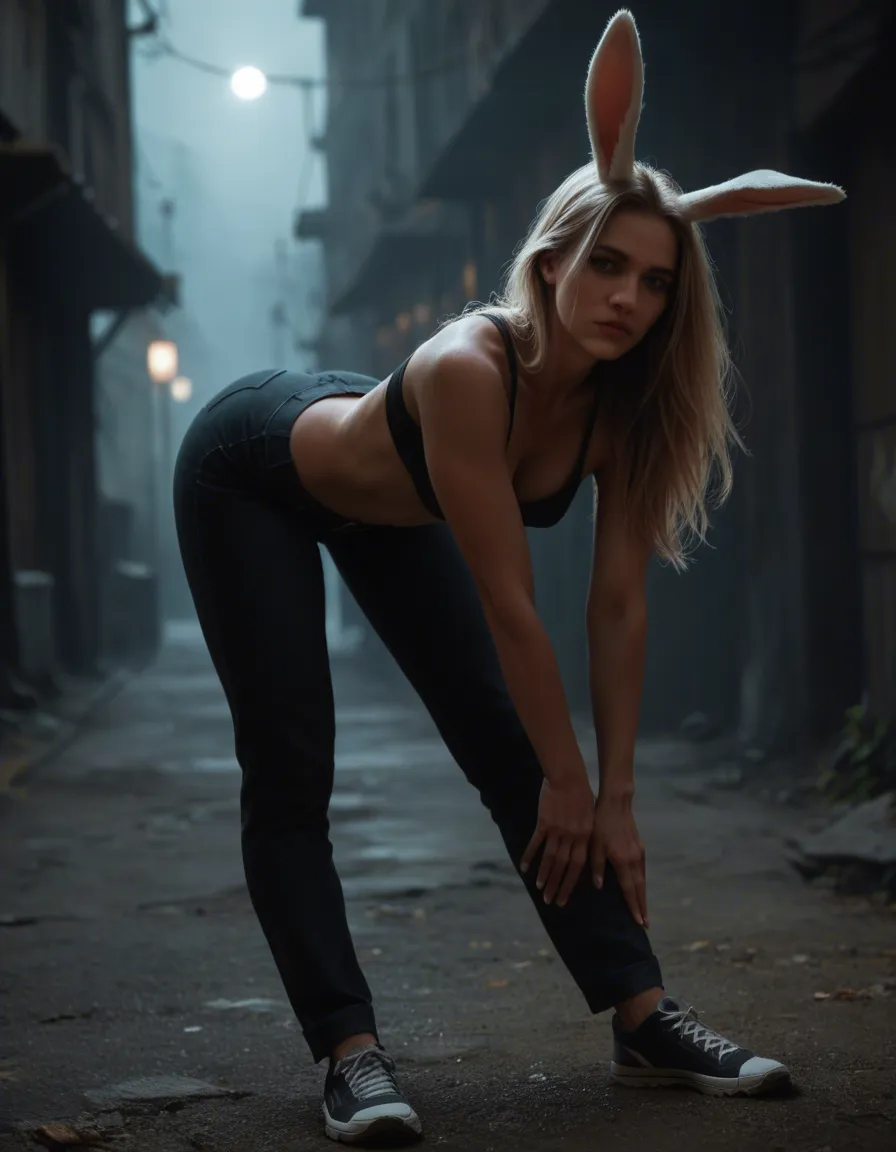 best quality, hyperrealistic, bunny girl, pants, bent over, moonlight, lifelike render, score_9, score_8, candid photo, realistic skin texture, visible skin pores, film grain, depth of field