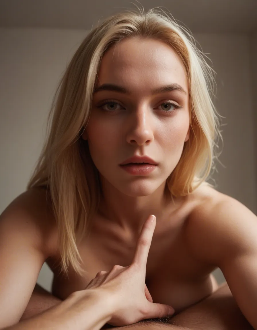 Photorealistic, fingering, edging orgasm, blonde hair, b cup tits, pov view watching her, score_9, score_8, candid photo, realistic skin texture, visible skin pores, film grain, depth of field