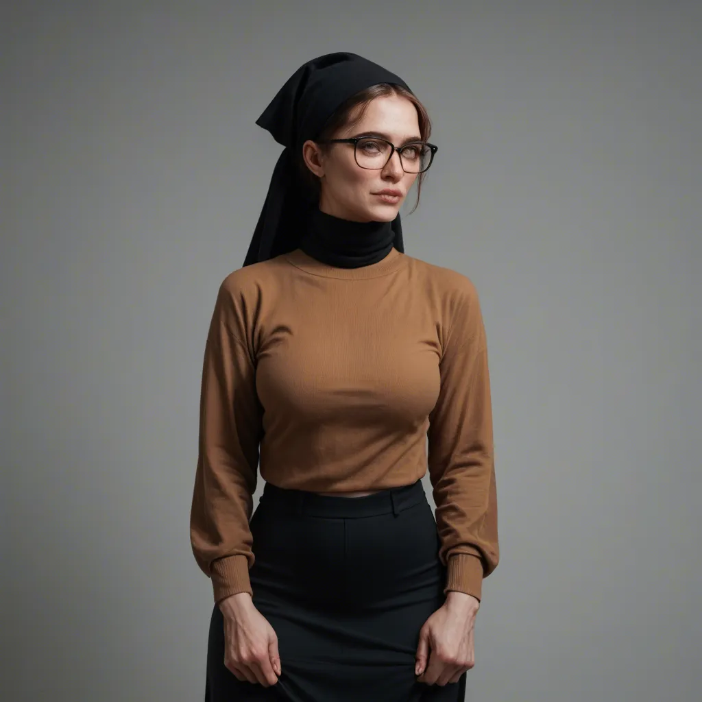 ultraorthodox mature_female Jewish woman, hair wrapped by black silk headscarf, glasses, ripped pantyhose, black skirt lifted up, brown shirt with long_sleeves, ass up, hairy pussy, fucked from_behind by black masculine man, big penis