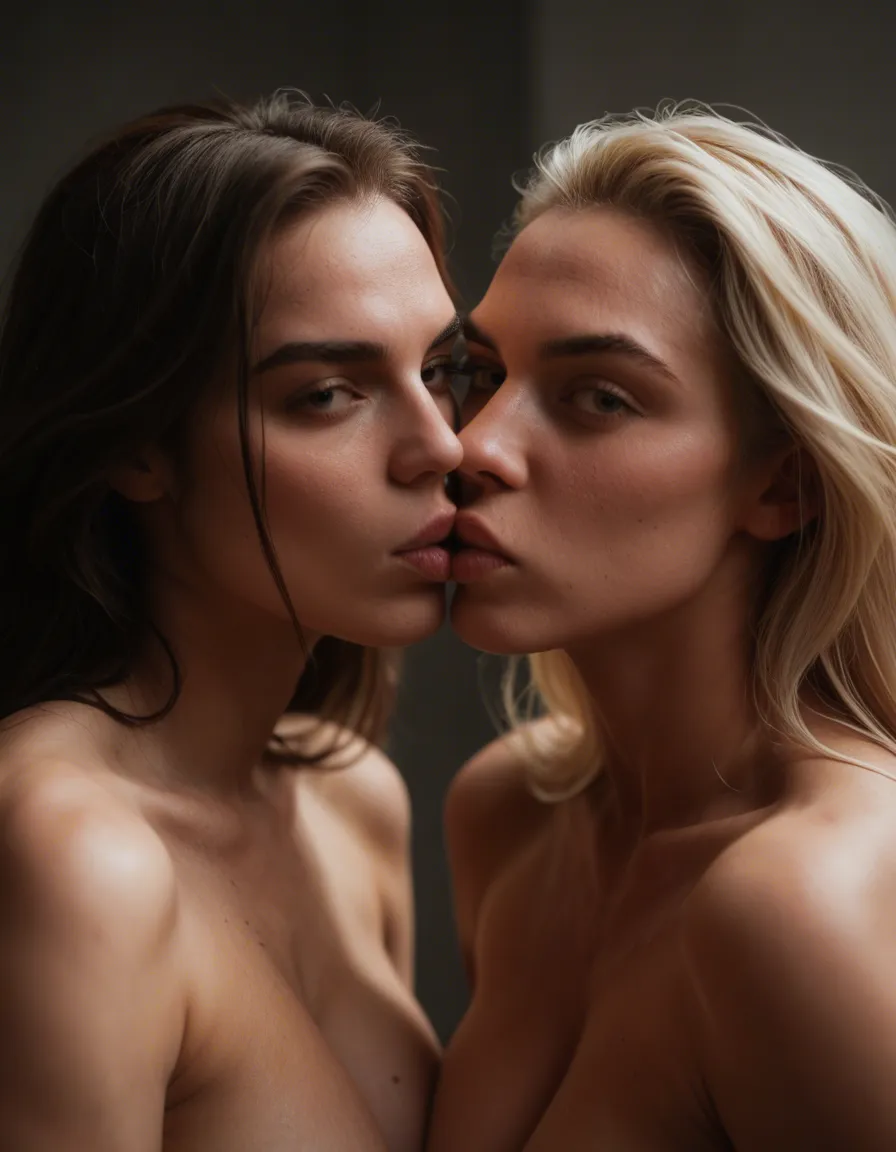 Kissing while assfinger, score_9, score_8, candid photo, realistic skin texture, visible skin pores, film grain, depth of field