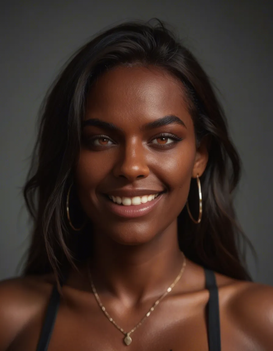 8k, sharp focus, detailed skin, demon woman, presenting, dark skin, depth of field, teasing grin, dslr quality, score_9, score_8, candid photo, realistic skin texture, visible skin pores, film grain, depth of field