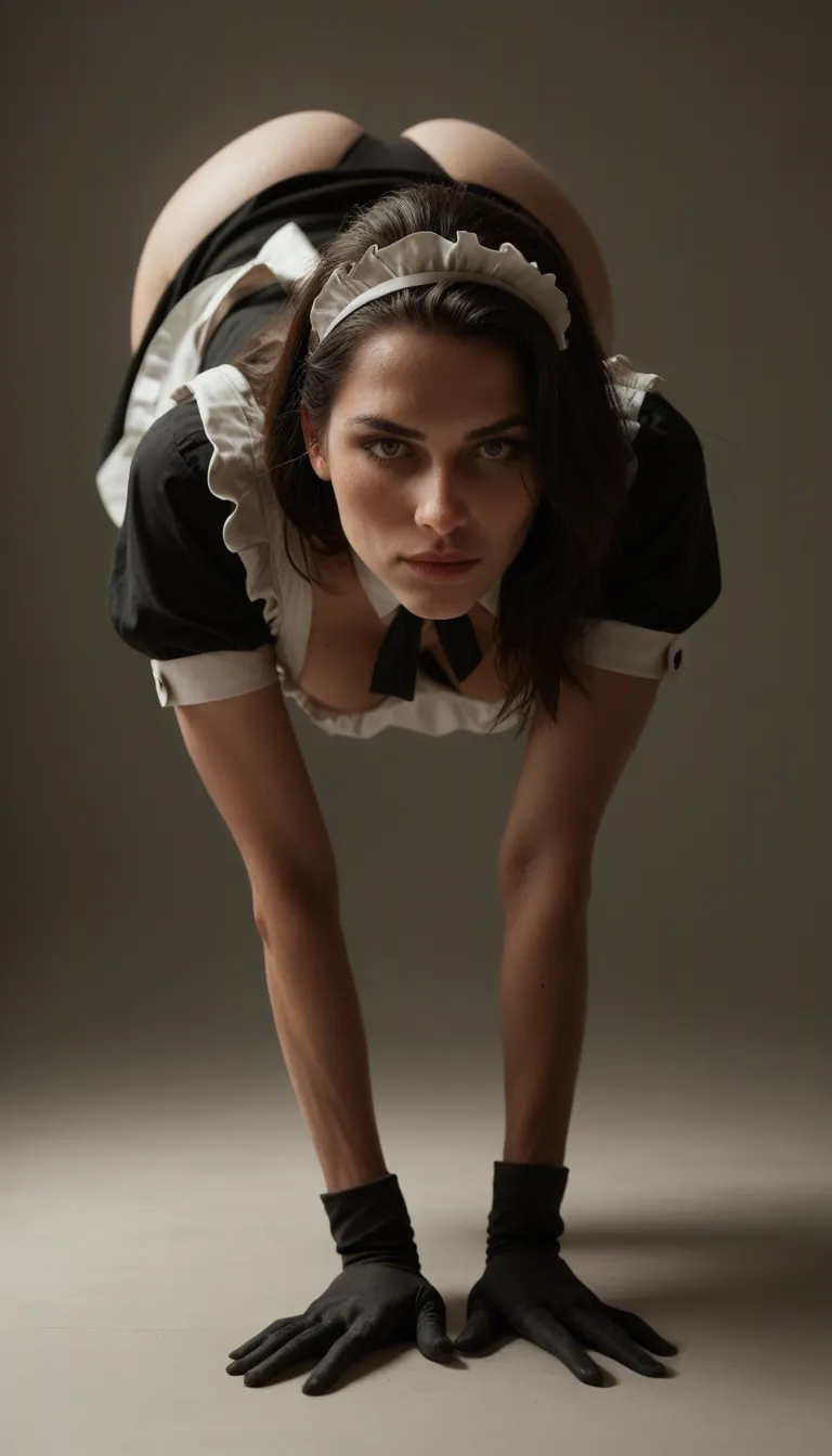 8k, sharp focus, detailed skin, maid, black gloves, bent over, no_panties , dramatic lighting, lifelike render