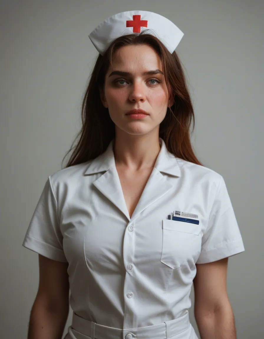 professional photo, high detail, nurse, presenting, stomach, nervous blush, RAW photo, score_9, score_8, candid photo, realistic skin texture, visible skin pores, film grain, depth of field