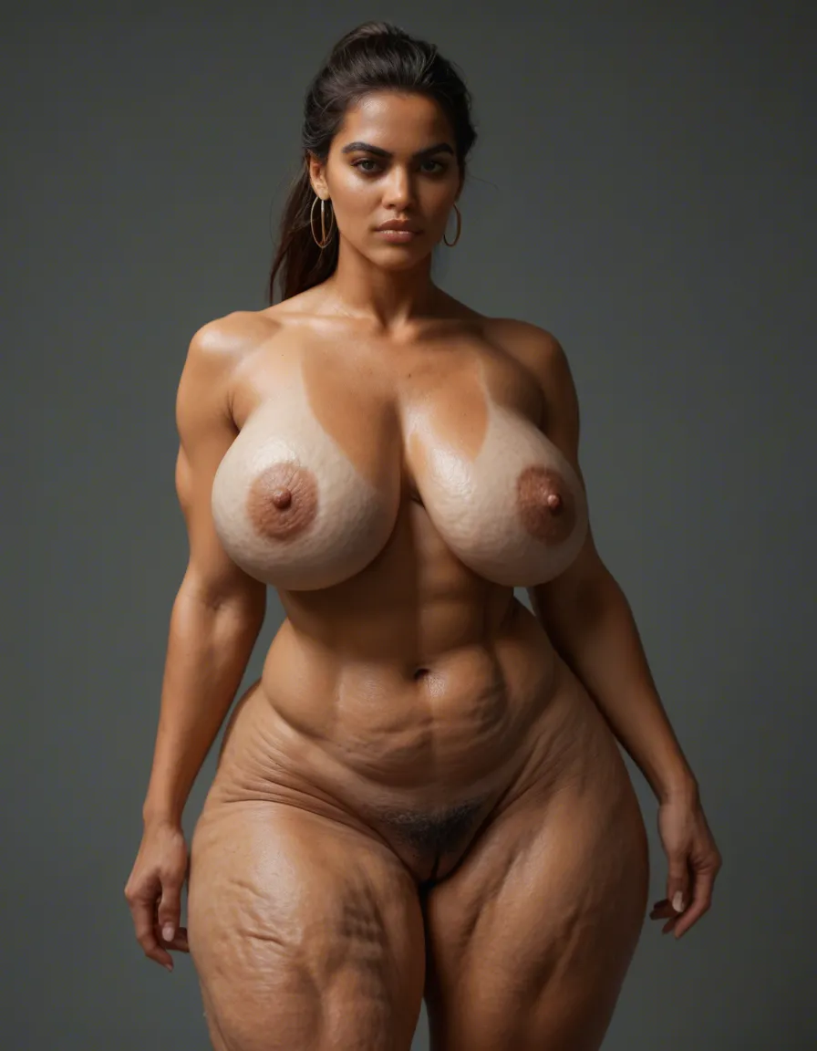 a naked chubby muscular venus body latina older woman with cellulite hyper ass and hyper tits, score_9, score_8, candid photo, realistic skin texture, visible skin pores, film grain, depth of field