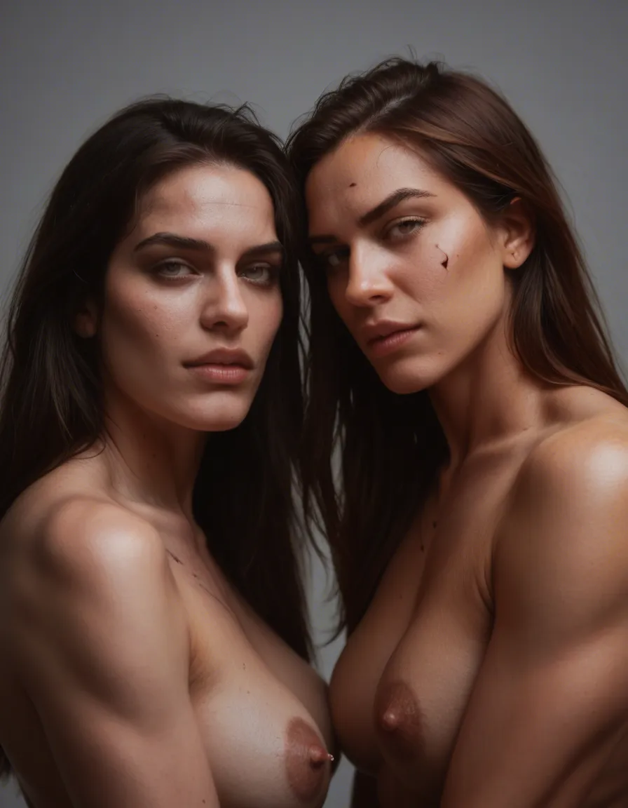 futanari, RAW photo, ultra realistic, dutch angle, 2boys, futanari, scar, simple background, seductive look, dslr quality, score_9, score_8, candid photo, realistic skin texture, visible skin pores, film grain, depth of field