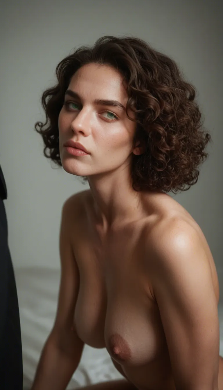 beautiful woman, (black curly hair white, green eyed), kneeling close, deepthroughting  a mans dick,  eager focused expression, cheeks hollowed, eyes looking up at viewer, pov, detailed face, soft lighting.