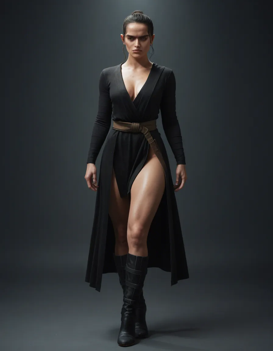 Star Wars Rey as The Supreme Leader, dressed in a daring black leather tunic, one that did nothing to hide her cleavage from sight, contrasting with her porcelain complexion, with a skirt which barely made it to the midpoint of her thighs. A pair of glossy black thigh-high boots hugged her athletic legs, elevating the already imposing figure. Trailing behind her was a long, flowing black cape, its inner lining was a stunning shade of red, which stood out against the black border that surrounded it. Her light sabre visible on her belt. Her dark brunette hair had been pulled up into a messy knot. But it was her glowing orange eyes that made her truly stand out in the distance. She struts down the ramp of her starship as stormtroopers stand at attention in fear of her power as the captain of the ship kneels at her feet.