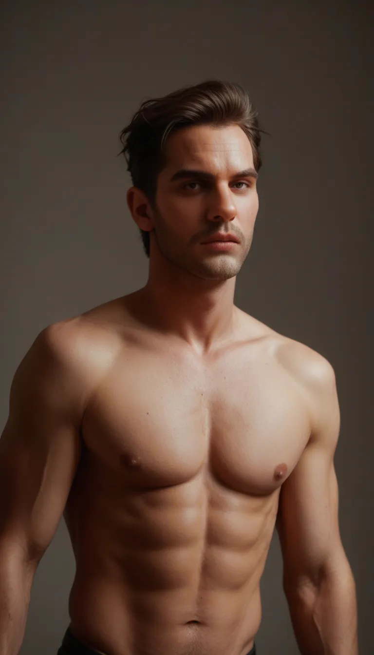 best quality, hyperrealistic, dutch angle, 1boy, topless, lips, playful expression, RAW photo, score_9, score_8, candid photo, realistic skin texture, visible skin pores, film grain, depth of field