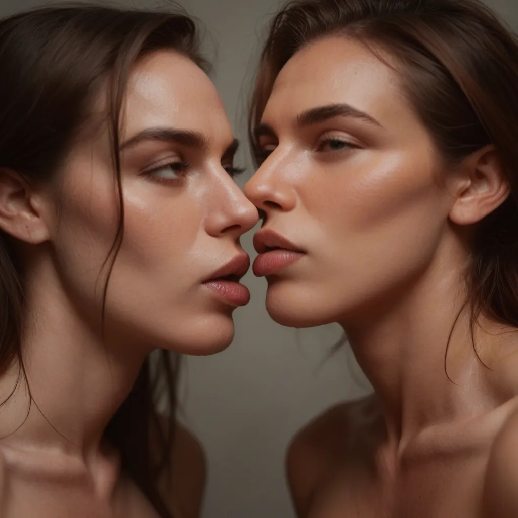 kiss, score_9, score_8, candid photo, realistic skin texture, visible skin pores, film grain, depth of field