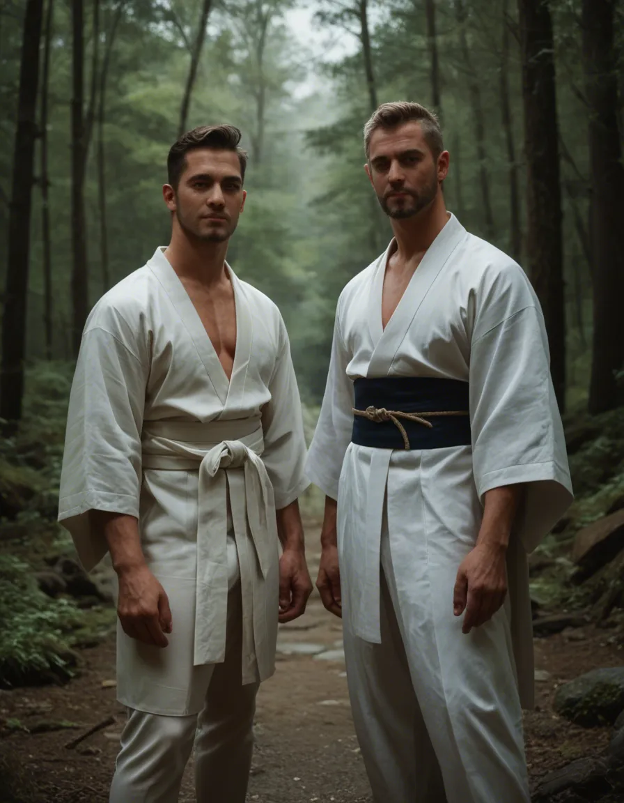cinematic photo, 8k, 2boys, white thighhighs, japanese clothes, looking at viewer, futanari, tree, studio photo, score_9, score_8, candid photo, realistic skin texture, visible skin pores, film grain, depth of field