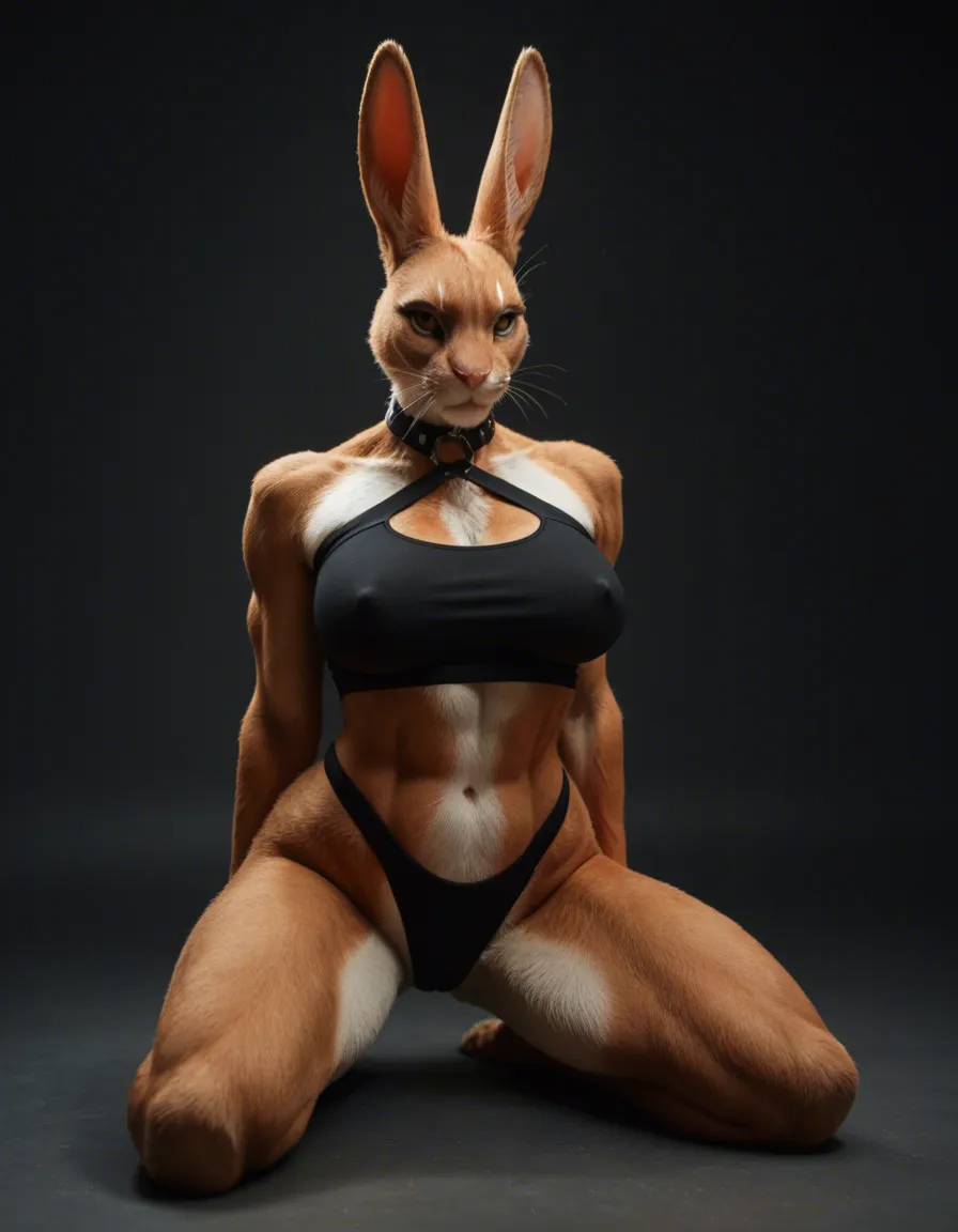 furry_female , rabbit_woman , kneeling , bondage , muscular , curvy , crop_top , covered_nipples , erection, score_9, score_8, candid photo, realistic skin texture, visible skin pores, film grain, depth of field