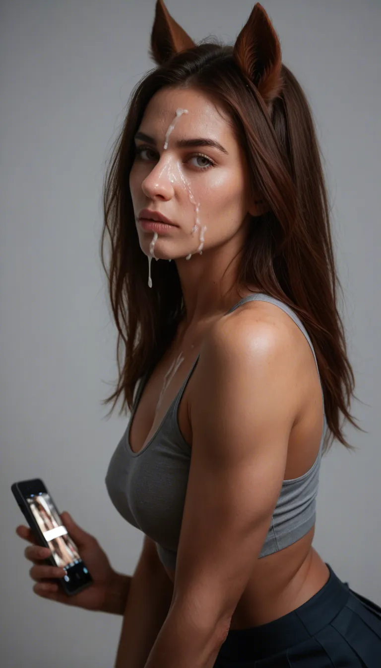 RAW photo, ultra realistic, fitness model, horse ears, pleated skirt, cum on face, white background, 8k uhd photo