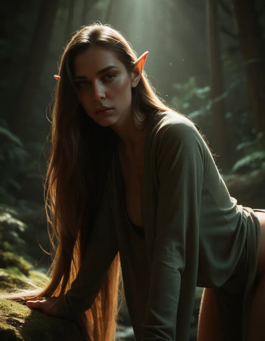 highly detailed, natural lighting, elf woman, very long hair, long sleeves, bent over, hyperrealistic, score_9, score_8, cinematic film still, anamorphic, film grain, dramatic lighting, shallow depth of field