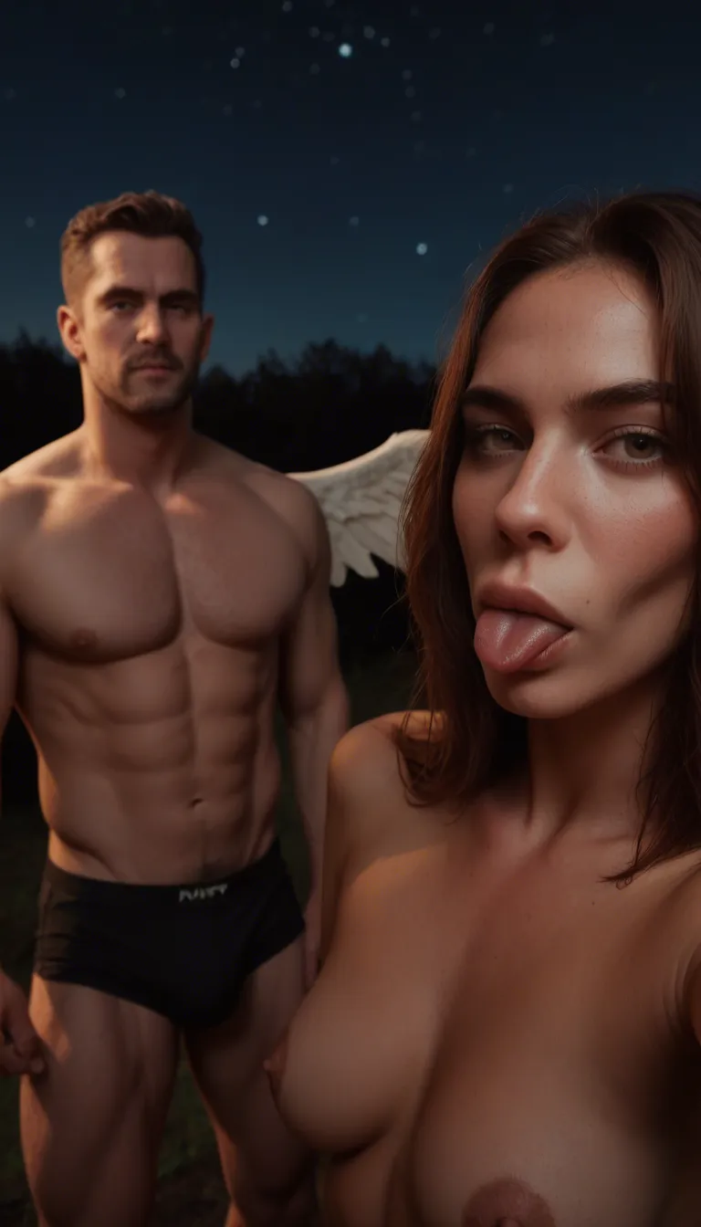 dslr, film grain, photorealistic, 2boys, thighhighs, wings, selfie pose, blowjob, night, 8k uhd photo