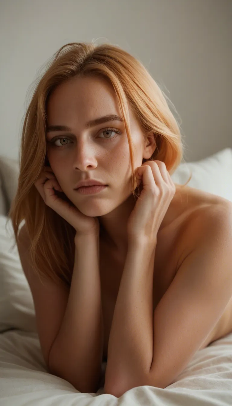 Copper-blonde hair, silky, shoulder-length — mussed from the pillow, one strand falling across her cheek. Warm porcelain skin with a hint of gold in the candlelight, a few freckles on her shoulders. Full natural breasts, soft, pale pink nipples still hard in the cool room. Narrow waist, curved hips, firm round ass — one cheek still pink from your hand. The gold anklet sits straight on her ankle ,again,suspended Congress pov,vaginal,trimmed pussy