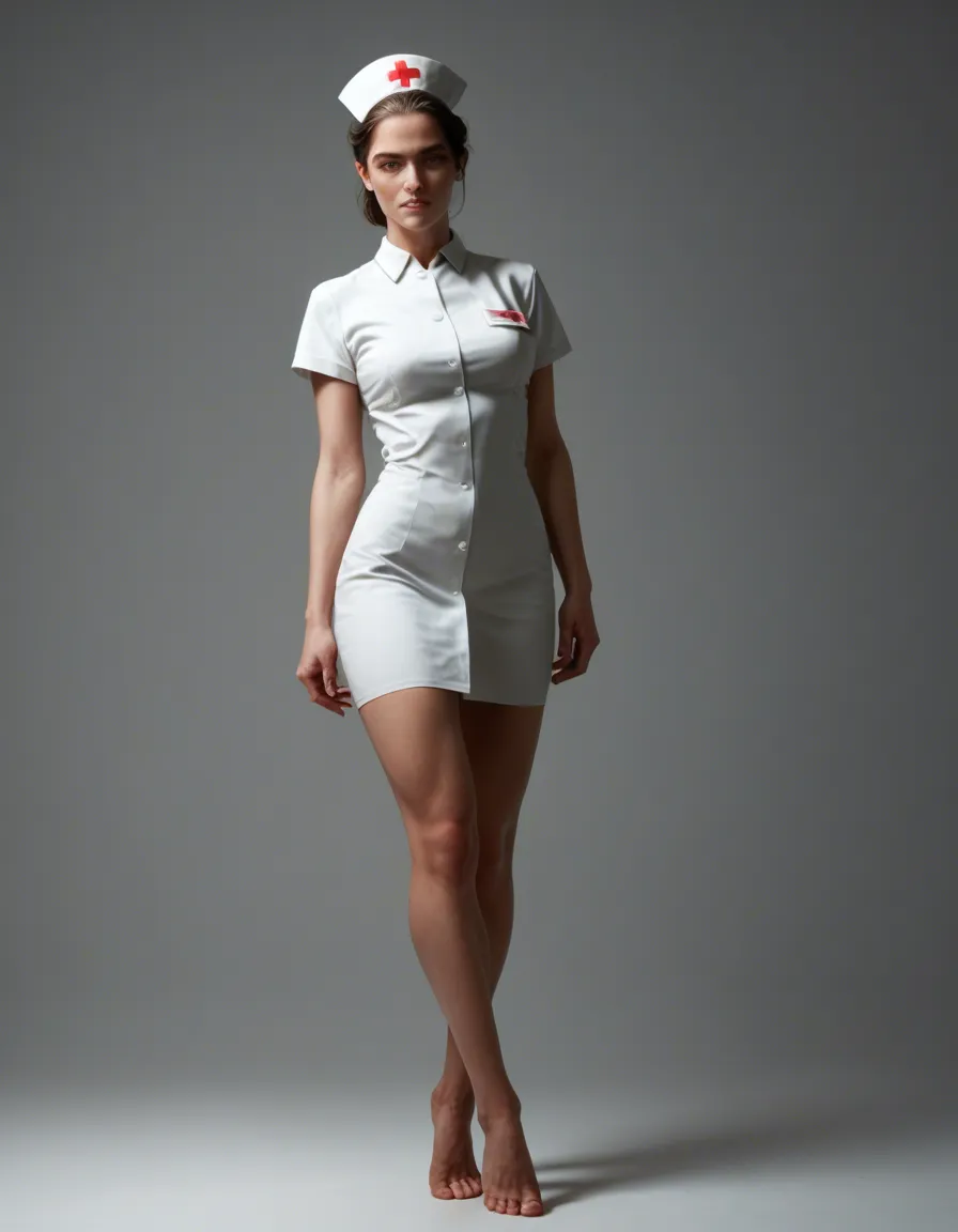 ultra HD, lifelike, nurse, barefoot, cocktail dress, leg up, studio lighting, film photography, score_9, score_8, candid photo, realistic skin texture, visible skin pores, film grain, depth of field