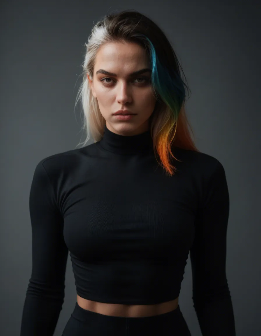 sharp focus, 8k uhd, fitness model, multicolored hair, long sleeves, bondage, warm tones, photorealistic, latin, score_9, score_8, candid photo, realistic skin texture, visible skin pores, film grain, depth of field