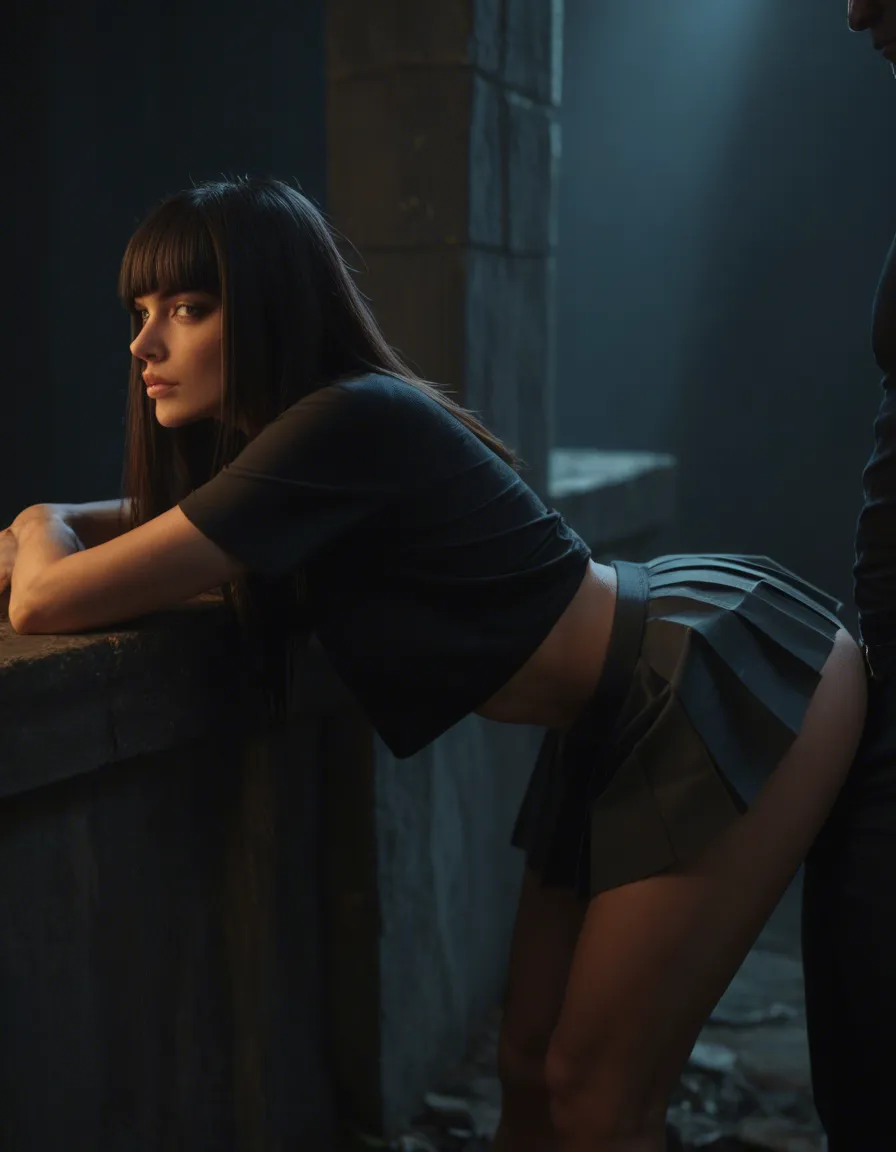 sharp focus, 8k uhd, 1boy, blunt bangs, pleated skirt, bent over, moonlight, film photography, score_9, score_8, candid photo, realistic skin texture, visible skin pores, film grain, depth of field