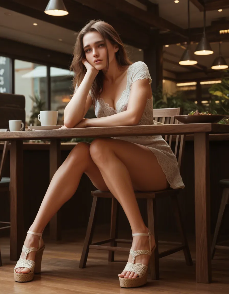 Solo woman 25 years old long brown hair, cute heart shaped face, green eyes, orgasm , facing_away head_tilt ,erect nipples. Sitting on chair at cafe table , fingering, no panties ,legs under table. Wearing short A line dress, lacy sandals ,female_pubic_hair, female_masturbation, upskirt,, score_9, score_8, candid photo, realistic skin texture, visible skin pores, film grain, depth of field