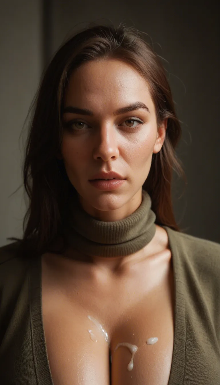 A milf with gigantic enormous breasts, wearing a covering all her upper body turtle neck pullover drenched in cum