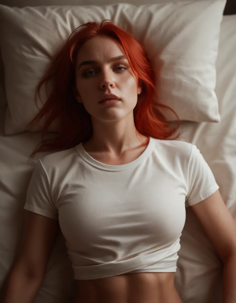 RAW photo, ultra realistic, solo, red hair, short sleeves, missionary, dramatic lighting, photorealistic, score_9, score_8, candid photo, realistic skin texture, visible skin pores, film grain, depth of field