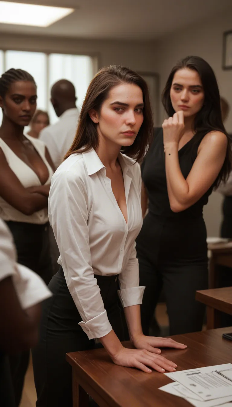 professional photo, high detail, 5women, presenting, undressing blouse , dark-skinned male, table, submissive blush, dslr quality