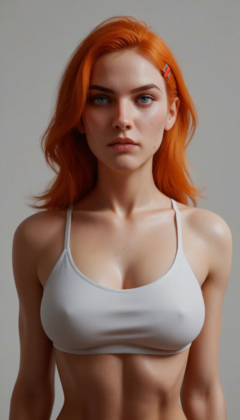 1woman, heidiw, young adult (19 to 21), blue eyes, medium-length orange hair, red hairclip, large_breasts, beauty mark on left cheek, fellatio, nude, holding_cigarette_on_right_hand, looking at viewer, bedroom eyes, navel, disney,