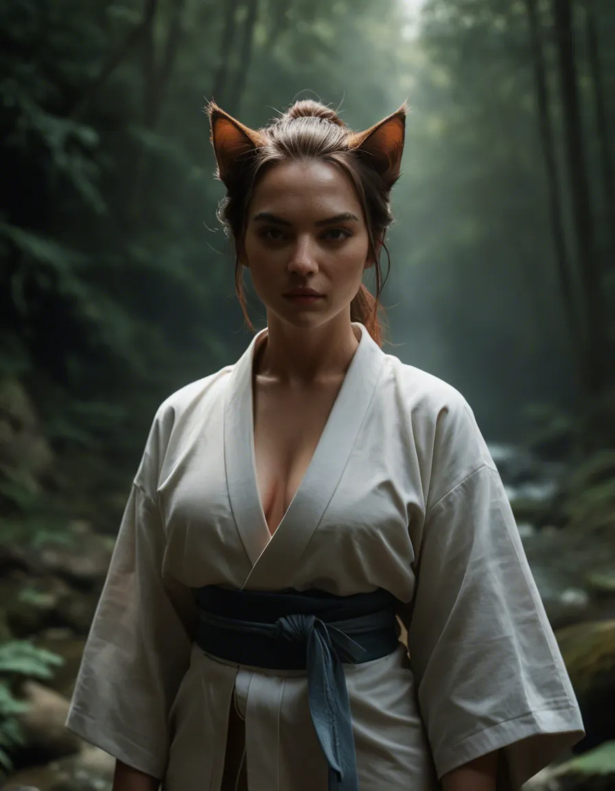RAW photo, ultra realistic, catgirl, japanese clothes, futanari, lifelike render, score_9, score_8, candid photo, realistic skin texture, visible skin pores, film grain, depth of field