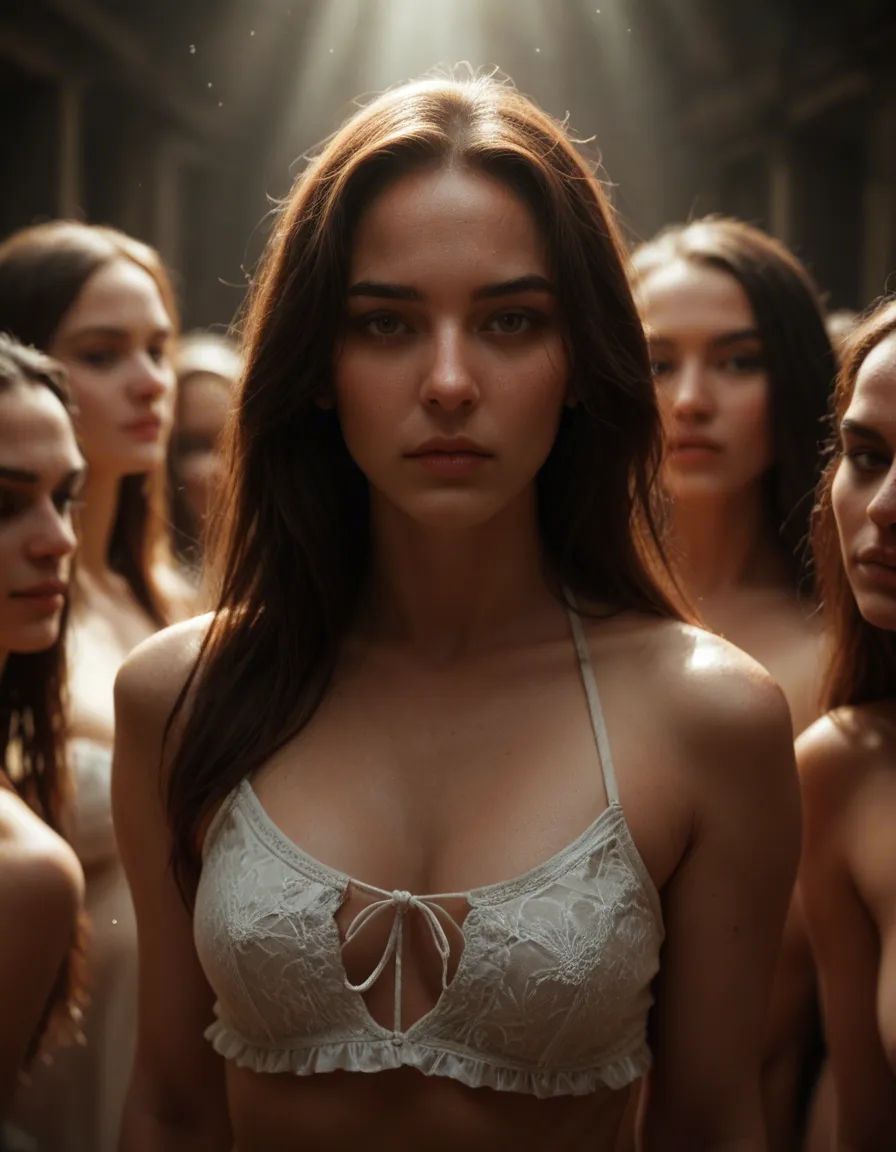 highly detailed, natural lighting, 6+women, parted bangs, frills, bondage, 8k uhd photo, score_9, score_8, candid photo, realistic skin texture, visible skin pores, film grain, depth of field