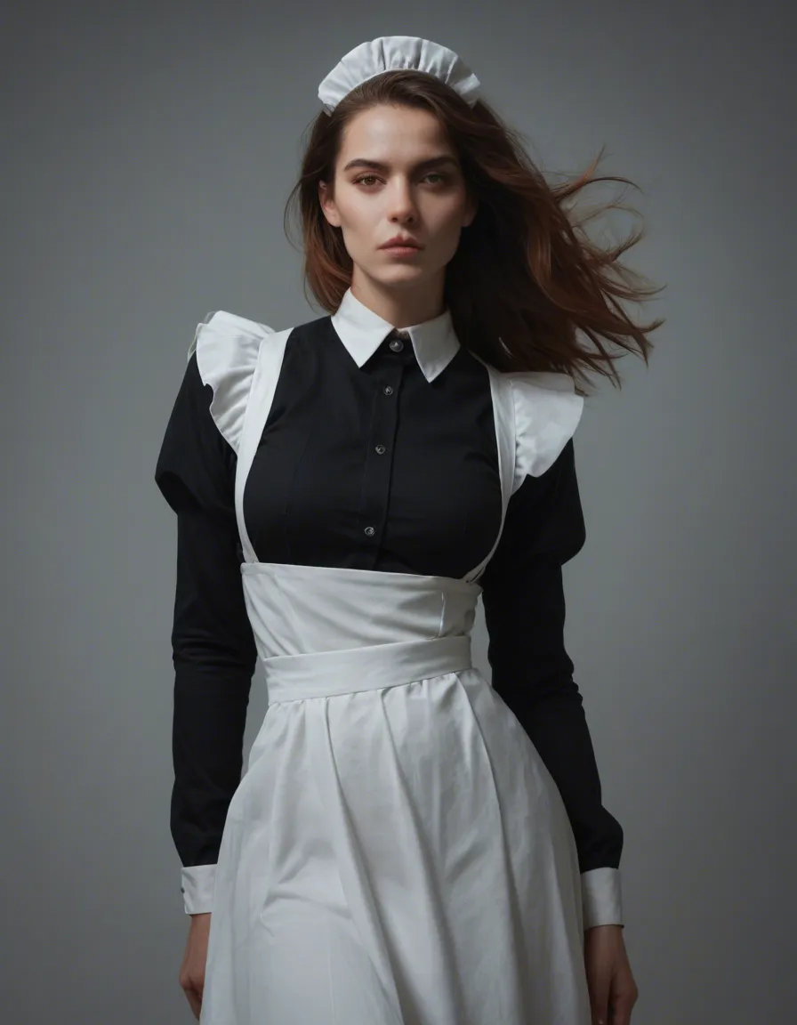 ultra HD, lifelike, maid, floating hair, long sleeves, futanari, photorealistic, score_9, score_8, candid photo, realistic skin texture, visible skin pores, film grain, depth of field