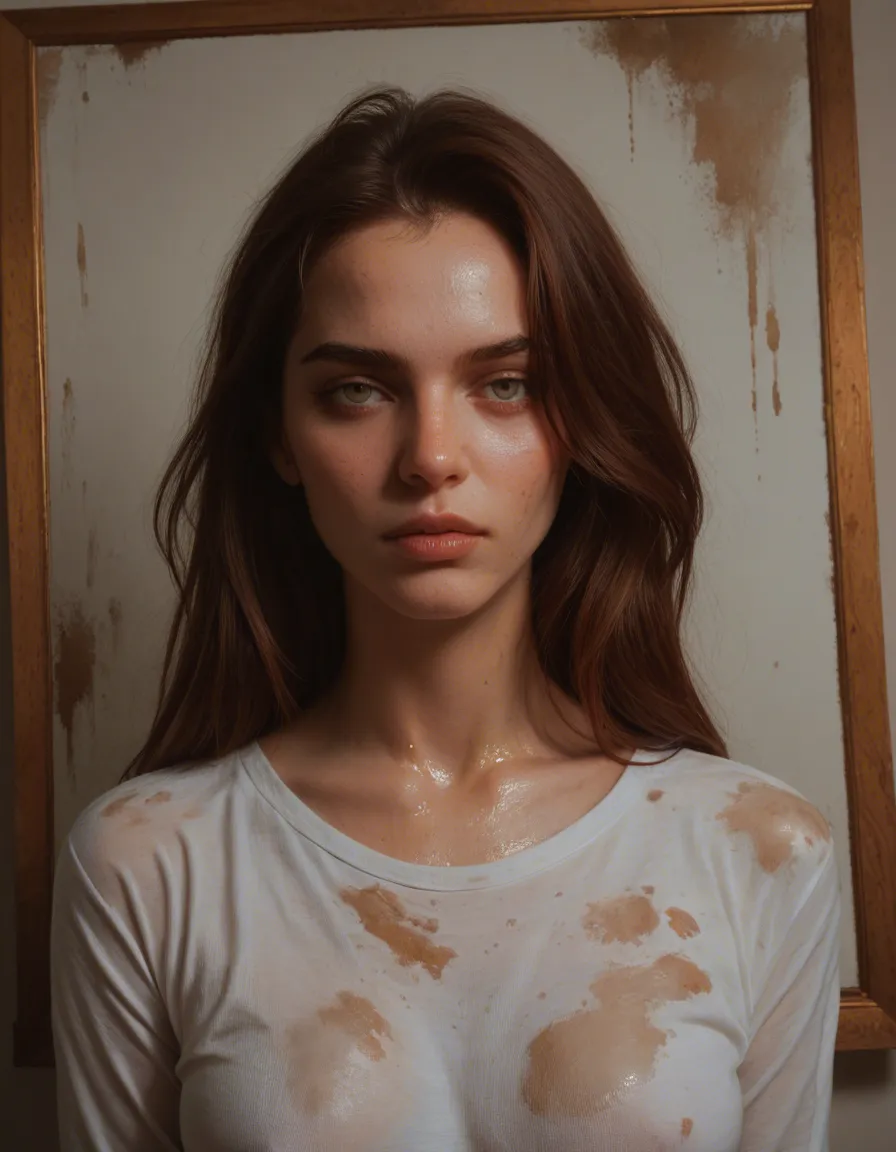 make girl in white all naked no shirt or pants. Repaint the entire picture as an oil painting: visible brush strokes, blended pigment, canvas texture and soft painterly edges throughout, including on the face and the background. Nothing in the frame keeps its photographic appearance., score_9, score_8, candid photo, realistic skin texture, visible skin pores, film grain, depth of field