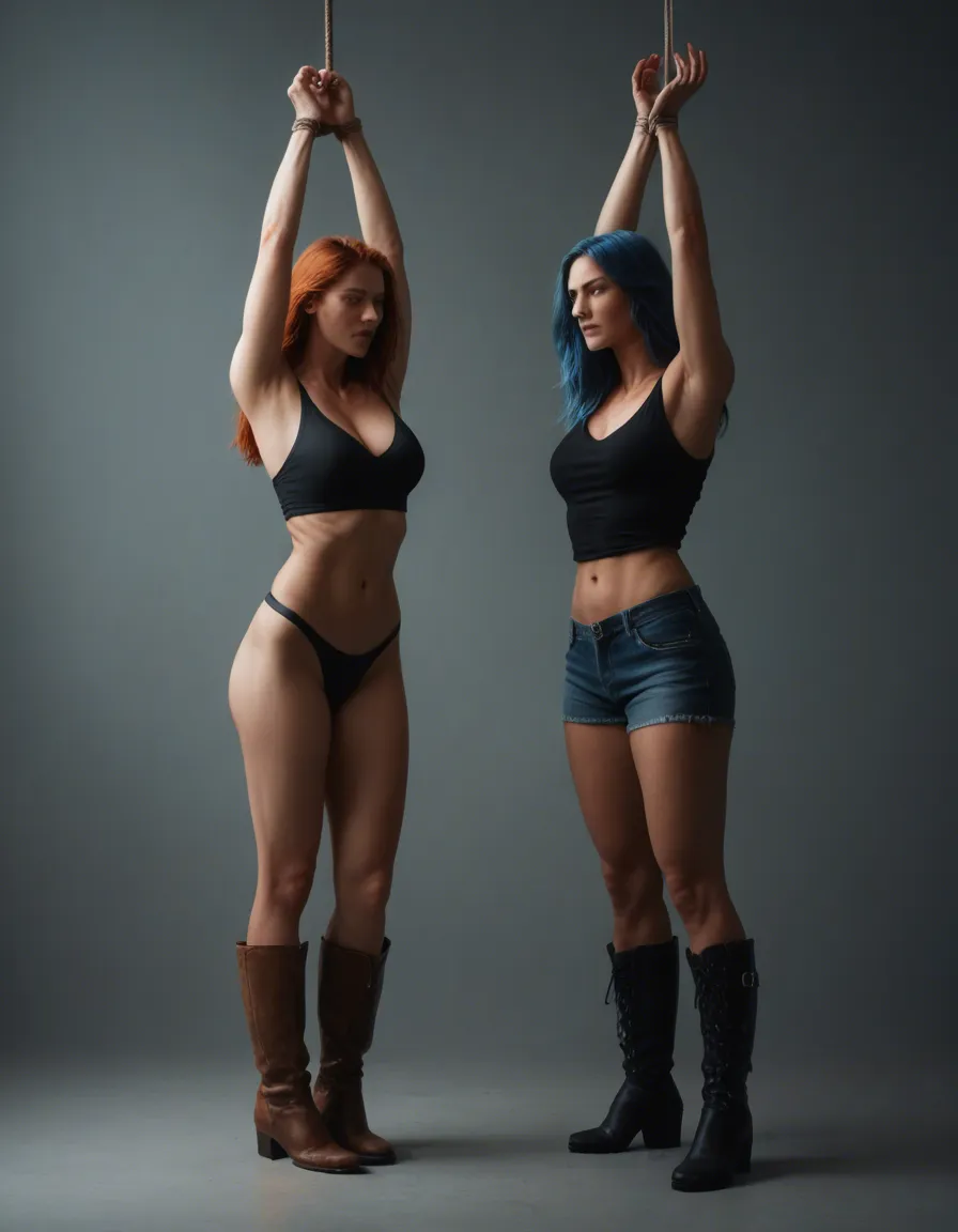 studio quality, sharp focus, 2girls, blue hair, boots, futanari, moonlight, photorealistic
redhead hands up tied above head, score_9, score_8, candid photo, realistic skin texture, visible skin pores, film grain, depth of field